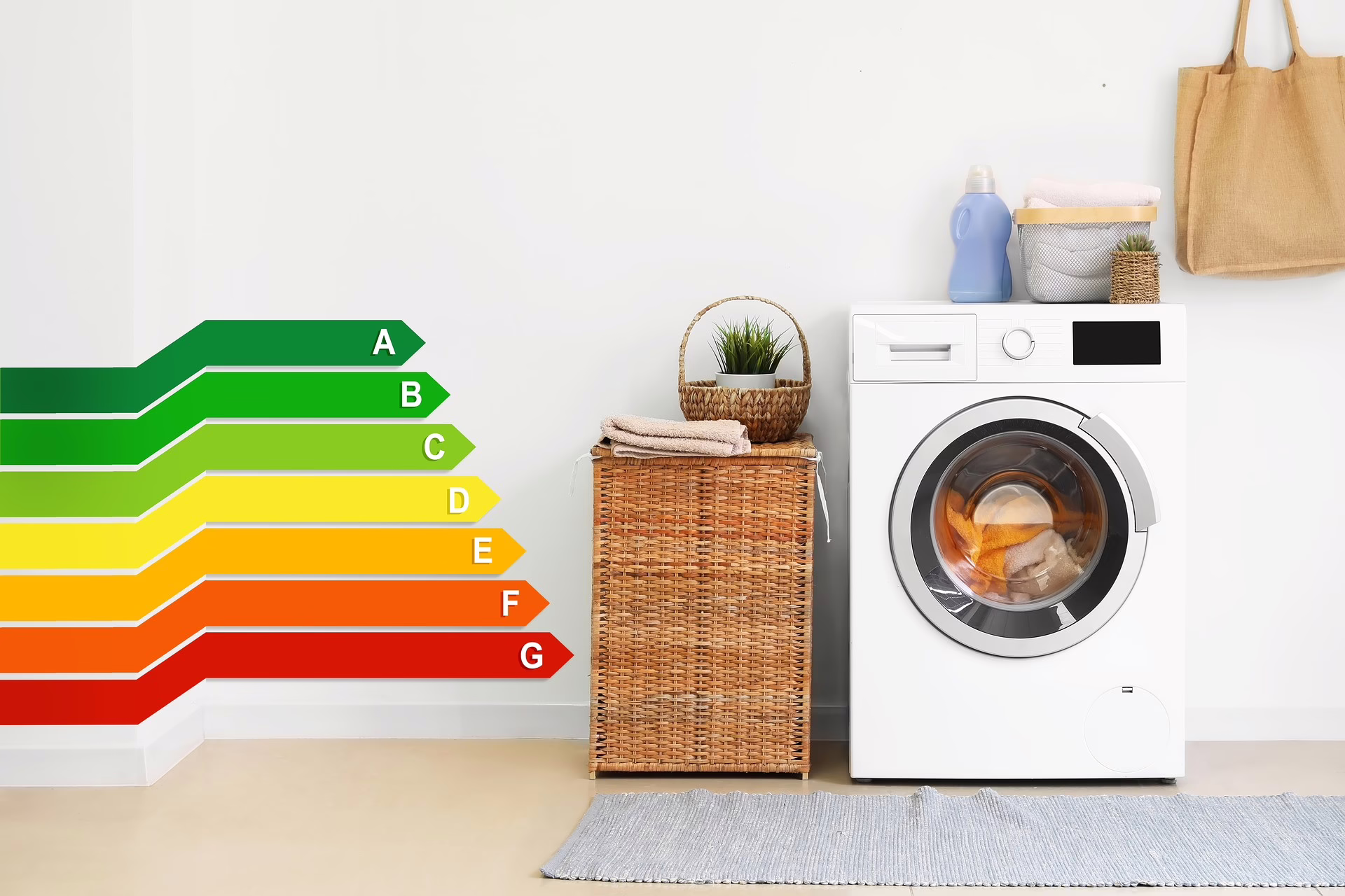 Fotomontage mit einer Waschmaschine und einem Wäschekorb, die nebeneinander vor einer weißen Wand stehen. Daneben ist auf der Wand die genormte Grafik der Energieeffizienzklassen mit verschiedenfarbenen Balken platziert.