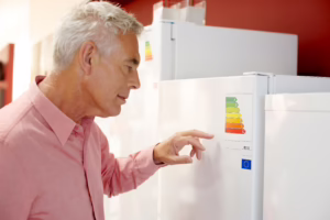 Älterer Mann mit rosafarbenem Hemd steht vor einem weißen Kühlschrank und liest aufmerksam die Energieffizenzklassifizierung, die mittels Aufkleber auf den Kühlschrank befestigt ist.