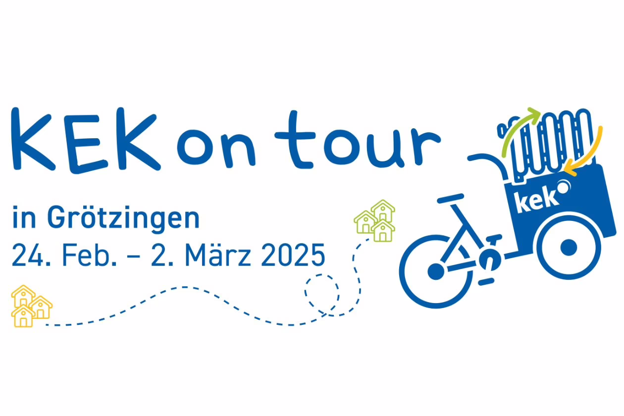 In großen Buchstaben steht "KEK on tour in Grötzingen vom 24. Februar bis 2. März 2025. Daneben ist ein Piktogramm von einem Lastenfahrrad, auf ein Heizungstausch Symbol steht.