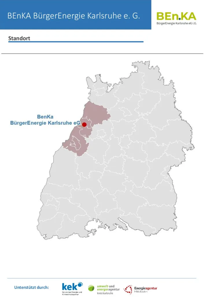 Auf der Karte von Baden-Württemberg ist ein roter Punkt an der Stelle, wo die BEnKA sitzt. Das Bild ist eine Seite des Steckbriefs für das Netzwerk.