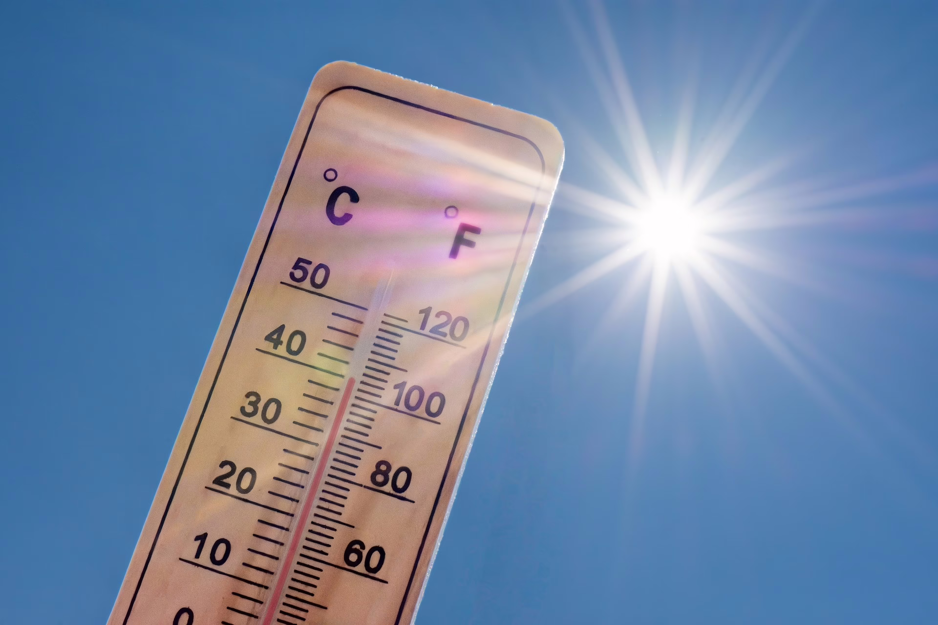 Das Bild zeigt ein Thermometer mit 40 Grad Celius das in den blauen Himmel gehalten wird. Dahinter ist eine Sonne.