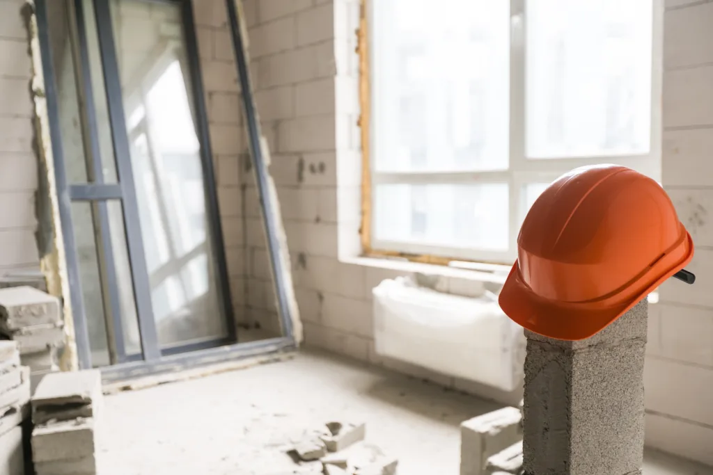 Baustelle einer Haussanierung, auf der die alten Fenster im Raum stehen. Steine liegen im Raum, ein orangener Helm liegt auf einem Stapel Steine.