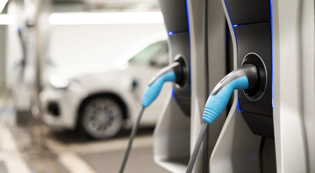 Bild zweier E-Ladesäulen. Der Griff ist leuchtend blau, die Säule grau. Im Hintergrund sieht man unscharf ein weißes Auto.