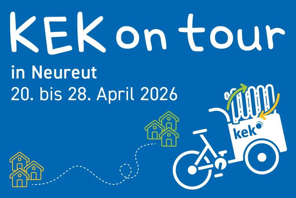 Auf dem Bild ist der Titel der Aktionswoche "KEK on tour" zu sehen, bei der es Energieberatung für Bürgerinnen und Bürger gibt.