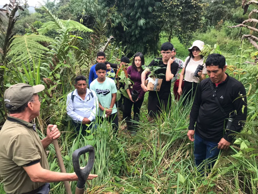 Die Workshopgruppe steht im steilen Gelände im Wald und hört dem Vortragenden zu.