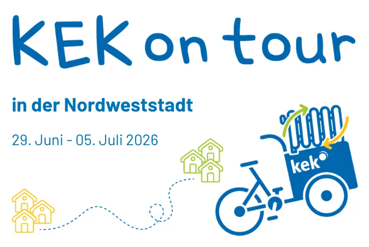 Auf dem Bild ist der Titel der Aktionswoche "KEK on tour" zu sehen, bei der es Energieberatung für Bürgerinnen und Bürger gibt.