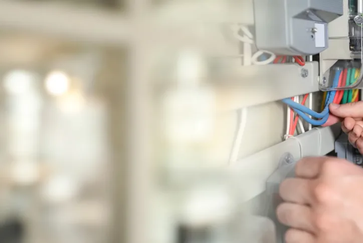 Zu sehen ist ein Zählerschrank, der gerade von einem Elektriker überprüft wird