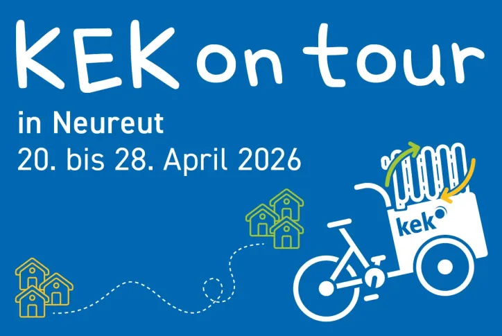 Auf dem Bild ist der Titel der Aktionswoche "KEK on tour" zu sehen, bei der es Energieberatung für Bürgerinnen und Bürger gibt.