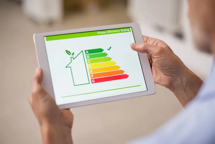 Aufnahme eines Tablets, das die Energieeffizienzklassen eines Hauses zeigt.