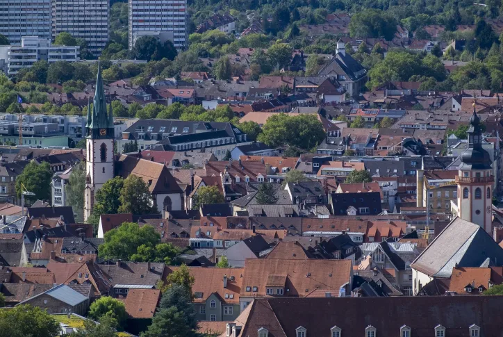 Foto aus der Vogelperspektive. Zu sehen ist Durlach, ein Stadtteil von Karlsruhe.