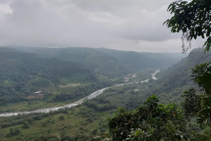 Landschaftsbild, das einen Fluss und einen großen grünen Wald in Ecuador zeigt.