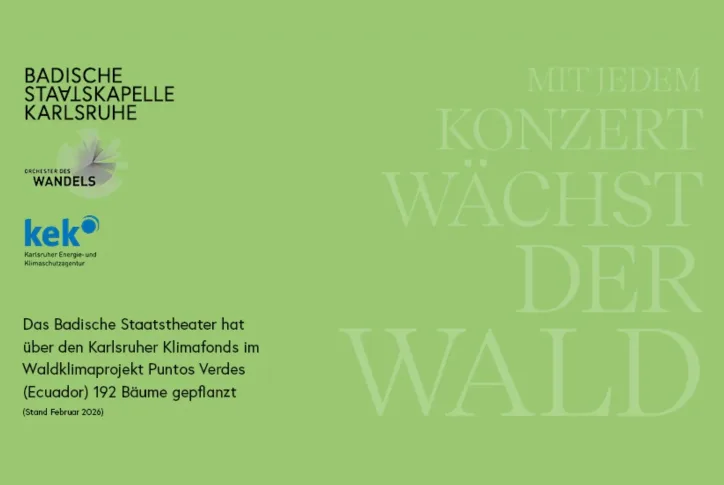 Ein Plakat mit dem Text: "Das Badische Staatstheater hat über den Karlsruher Klimafonds im Waldklimaprojekt Puntos Verdes (Ecuador) 192 Bäume (Stand Februar 2026) gepflanzt." ist auf dem Bild zu sehen.