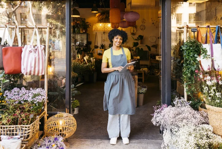 Frau steht in in Schürze und gelben T-Shirt vor einem Blumenladen.