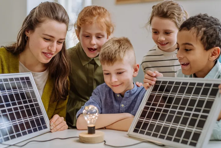Eine Gruppe von Kindern und Erwachsenen betrachtet aufmerksam Solarpanels, die eine Lampe zum Leuchten bringen.